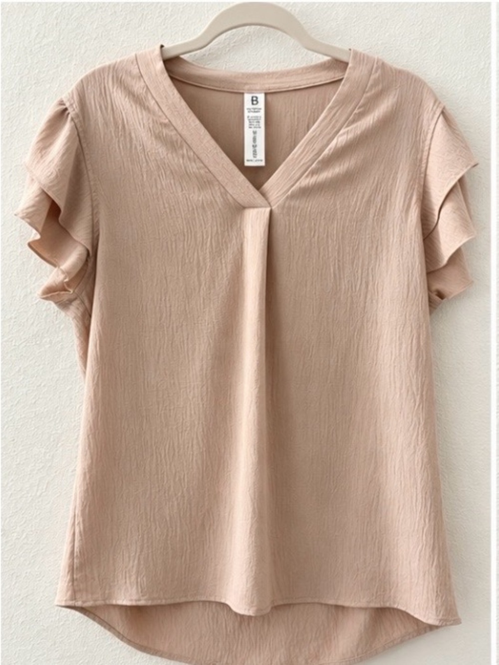 B Collection Large Beige Flutter Sleeve V-Neck Blouse Textured Top